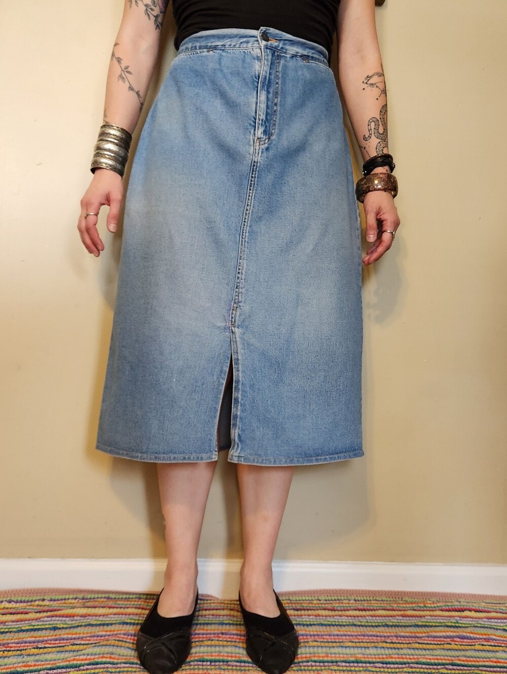 Vintage 1990s David N Sport Light Wash Denim Midi Skirt
